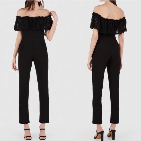 Express Pants - Express Black Off The Shoulder Lace Bodice Tapered Leg Jumpsuit Size 8